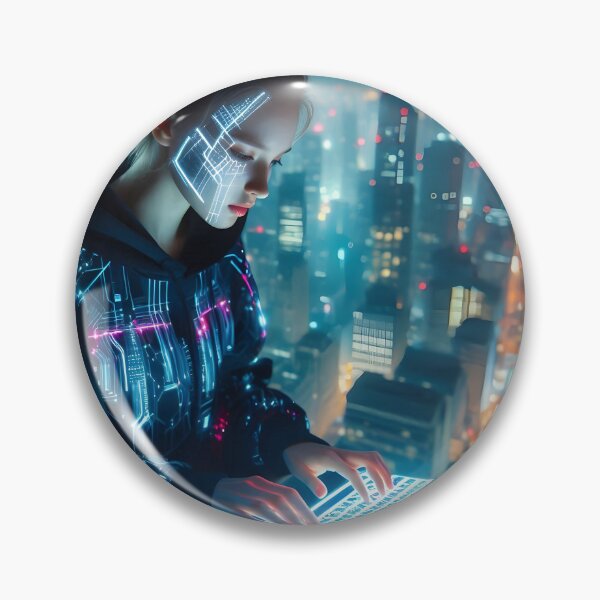 Item preview, Cyberpunk hacker girl in city designed and sold by cyberheadscifi.