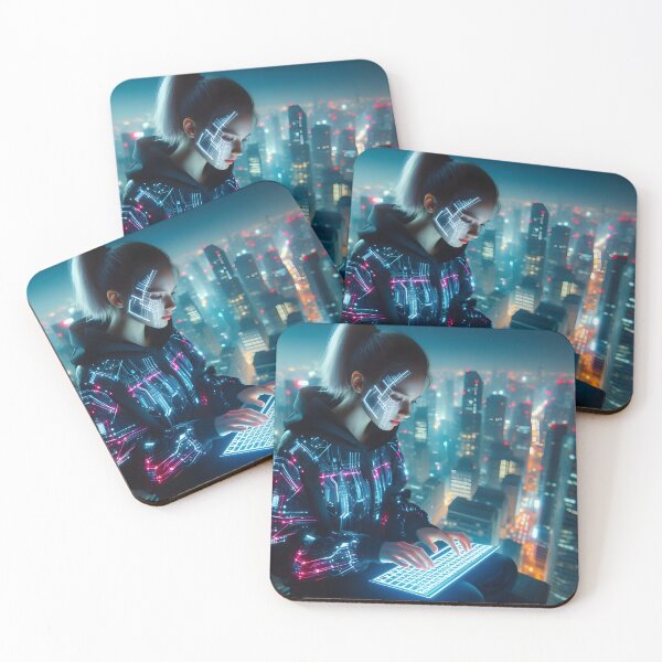 Item preview, Cyberpunk hacker girl in city designed and sold by cyberheadscifi.
