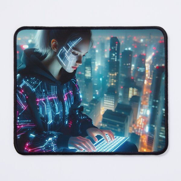 Item preview, Cyberpunk hacker girl in city designed and sold by cyberheadscifi.