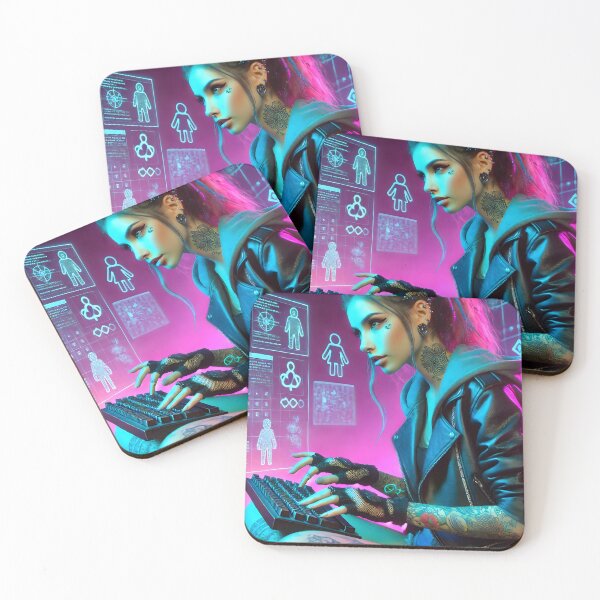 Item preview, Cyberpunk hacker girl with pink hair and tattoos designed and sold by cyberheadscifi.