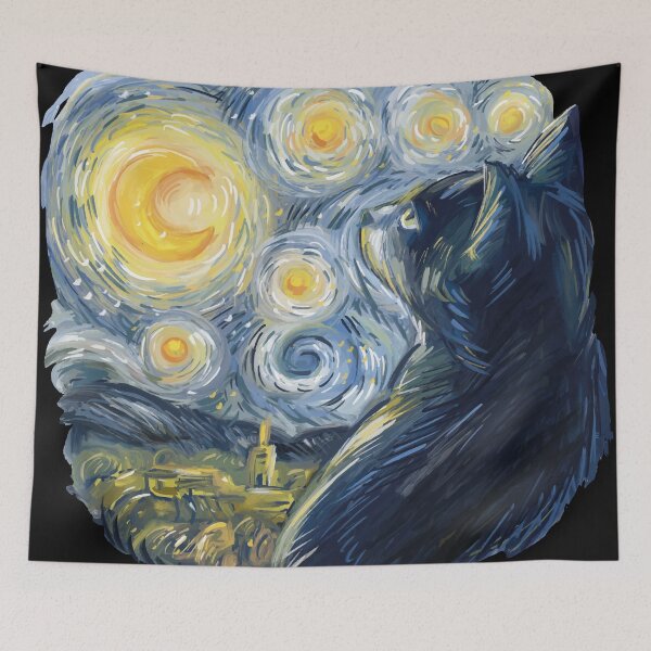 Item preview, "Starry Night Cat Art - Van Gogh Inspired Feline Design designed and sold by DrawHandArt.