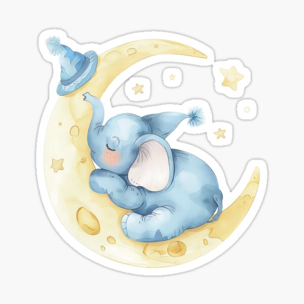 Item preview, Sleeping Baby Elephant on the Moon - Watercolor Art designed and sold by EmiBarDesign.