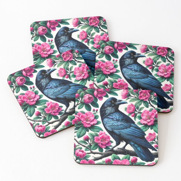 Item preview, A black raven illustration surrounded by botanical branches with pink wild roses designed and sold by EmeraldeaArt.