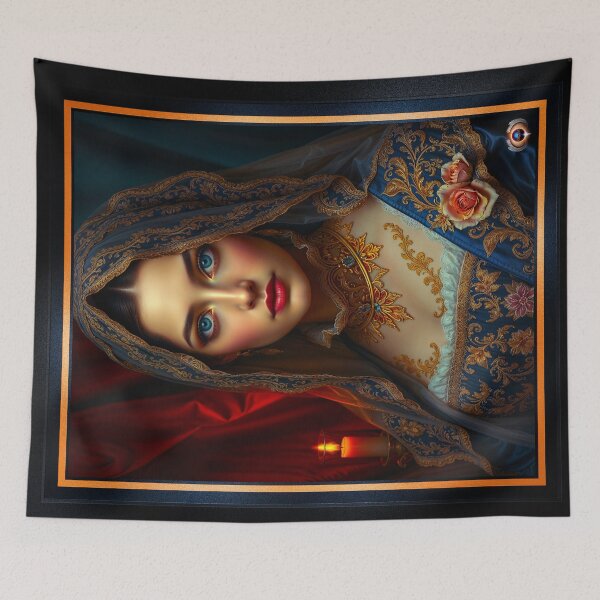 Item preview, Portrait Of Gianna In A Lace Veil And Opulent Blue And Gold Floral Gown Captivating AI Concept Art by Xzendor7 designed and sold by Xzendor7 Digital Art Creations.