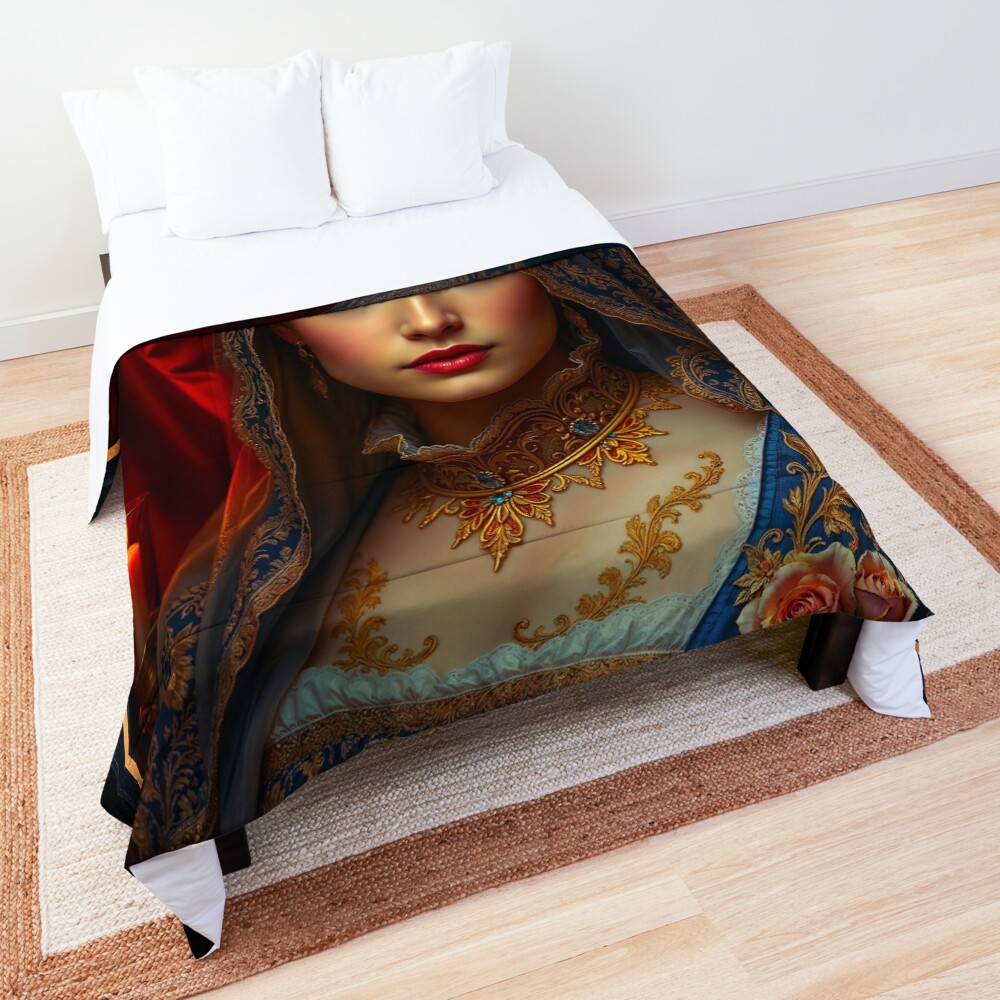 Portrait Of Gianna In A Lace Veil And Opulent Blue And Gold Floral Gown AI Concept Art by Xzendor7 Decorative Art Print Comforter