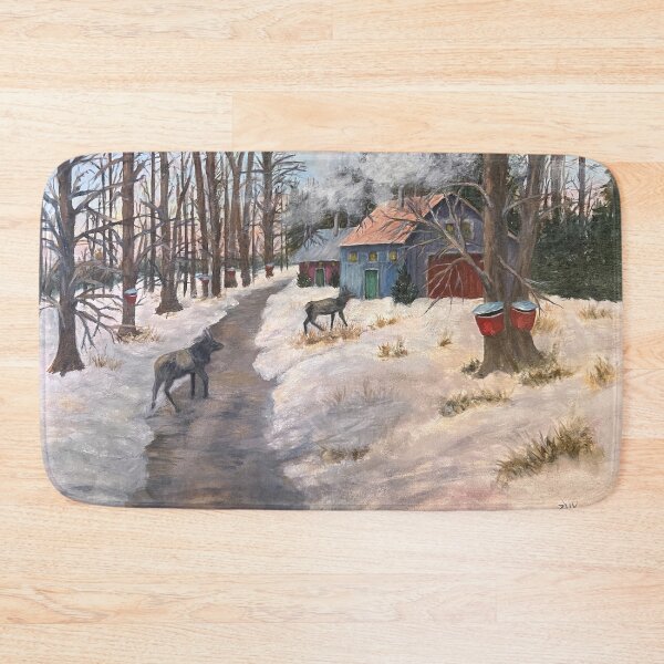 Item preview, Sugar Mapling Time Oil Painting. Elk crossing a path to the sugar farm. designed and sold by KarenZuk.