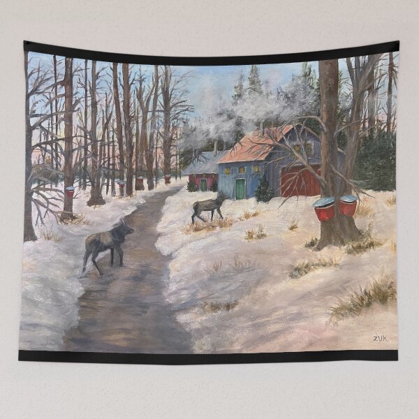 Item preview, Sugar Mapling Time Oil Painting. Elk crossing a path to the sugar farm. designed and sold by KarenZuk.
