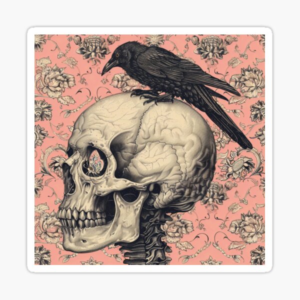 Pink Skull and Crow with Butterfly Eye by iServalan for Tale Teller Club Sticker