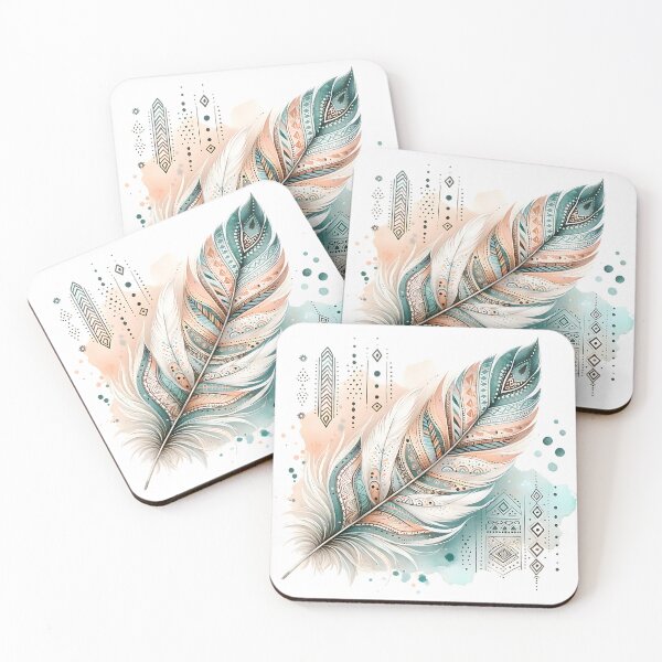 Item preview, Bohemian boho chick feather design in pastel beige and mint green designed and sold by Kathleen Weinert.
