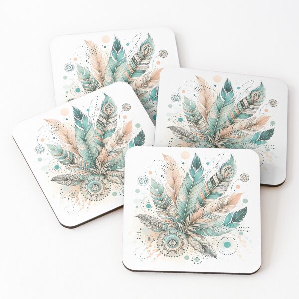 Item preview, Bohemian boho chic feather design in pastel beige and mint green designed and sold by Kathleen Weinert.