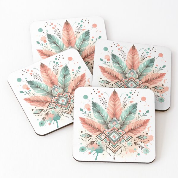 Item preview, Bohemian boho chick feather design in pastel orange and mint green designed and sold by Kathleen Weinert.