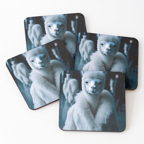 Item preview, A whimsical llama wearing a fluffy white coat stands in an indoor space during an artistic event at night designed and sold by anytka.