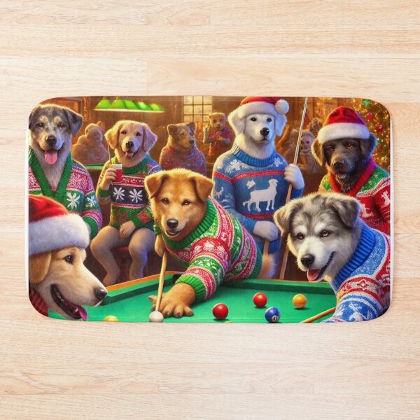 Item preview, Festive Dogs Playing Pool Christmas Scene - Fun Holiday Artwork designed and sold by WooshiArt.