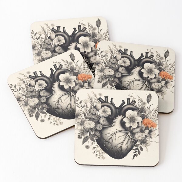 Item preview, Anatomical Floral Heart Artwork. Valentines day card. Anatomical heart with flowers. Black and white ink illustration designed and sold by anytka.