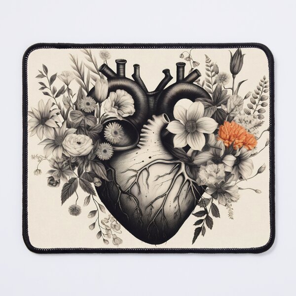 Item preview, Anatomical Floral Heart Artwork. Valentines day card. Anatomical heart with flowers. Black and white ink illustration designed and sold by anytka.