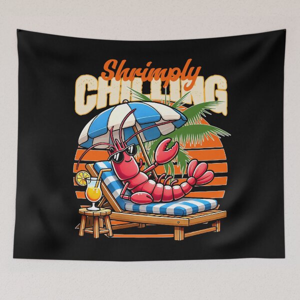 Item preview, SHRIMPLY CHILLING - A FUNNY SHRIMP RELAXING ON A SUNBED ON THE BEACH UNDER THE PALMS AT THE SUNSET designed and sold by justyna-s28.
