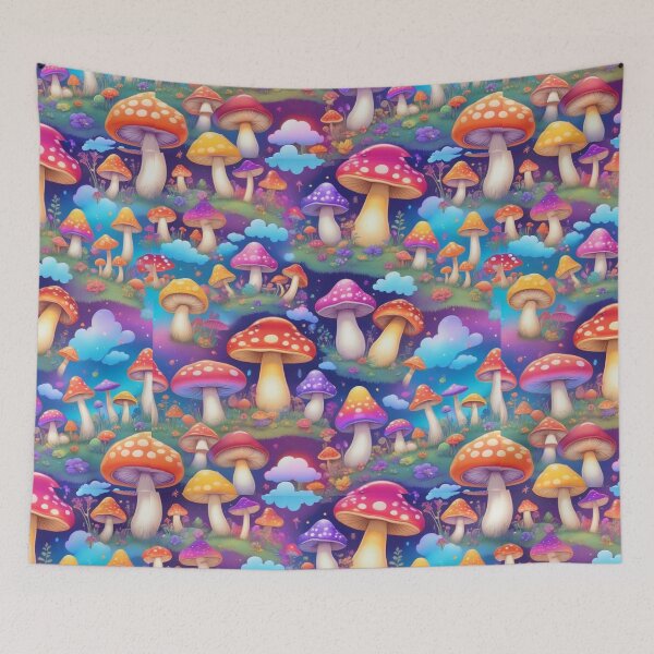 Item preview, Groovy Cartoon Mushroom, Rainbow, and Cloud Seamless Pattern designed and sold by hjian8219.
