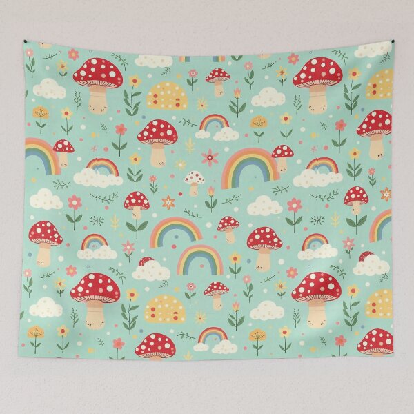 Item preview, Groovy Cartoon Mushroom, Rainbow, and Cloud Seamless Pattern designed and sold by hjian8219.