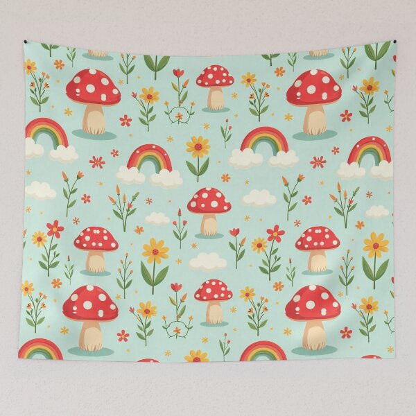 Item preview,  Groovy Cartoon Mushroom, Rainbow, and Cloud Seamless Pattern designed and sold by hjian8219.