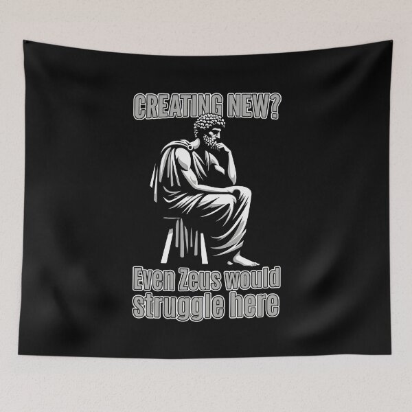Item preview, Creating New? Even Zeus Would Struggle Here A Thinker Draped In White Against A Bold Red Canvas With Shadows Of Gray designed and sold by SplashTastic.