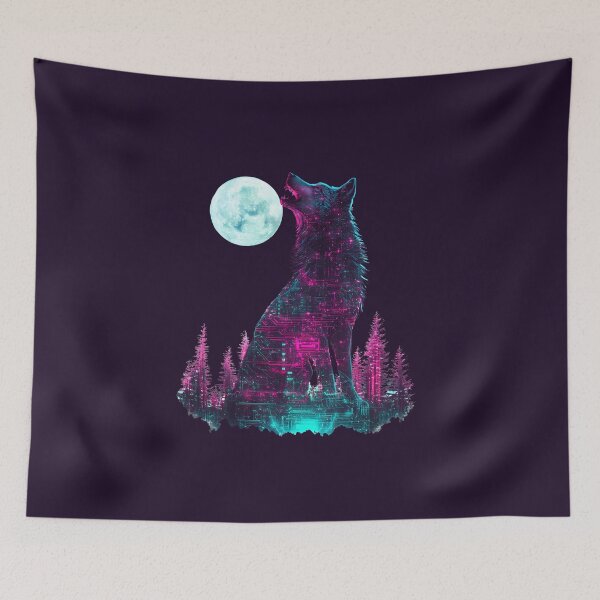 Item preview, Cyberpunk Glitch Wolf Howling at Neon Moon designed and sold by PixelReverb.