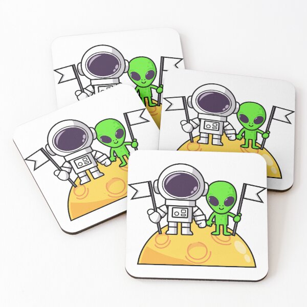 Item preview, Cartoon Astronaut with Alien Holding Flag on Moon designed and sold by NoeySmiley55.