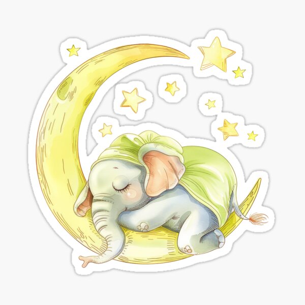 Item preview, Sleeping Baby Elephant on the Moon - Watercolor Art designed and sold by EmiBarDesign.