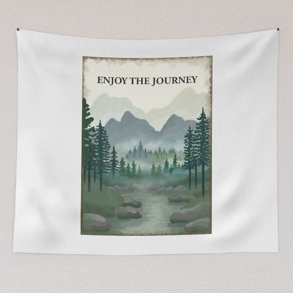 Item preview, Enjoy the Journey misty forest, hills, mountain, river painting designed and sold by Scat the cat.