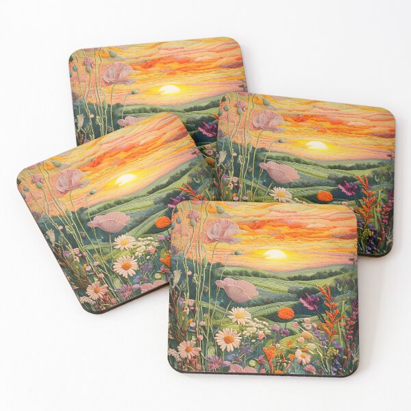 Item preview, A vibrant embroidered sunset landscape with flowers, rolling hills, and colorful skies full of detail. designed and sold by PholPol1959.