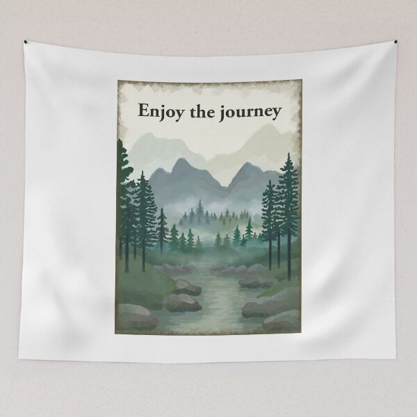 Item preview, Enjoy the Journey misty forest, hills, mountain, river painting designed and sold by Scat the cat.