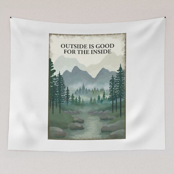 Item preview, Outside is good for the inside. misty forest, hills, mountain, river painting designed and sold by Scat the cat.