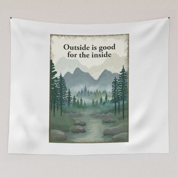 Item preview, Outside is good for the inside. misty forest, hills, mountain, river painting designed and sold by Scat the cat.