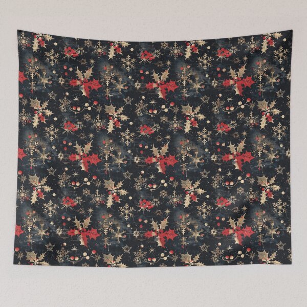 Item preview, Golden Snowflakes and Holly Leaves on Dark Navy Distressed Fabric designed and sold by AgathaZolastore.