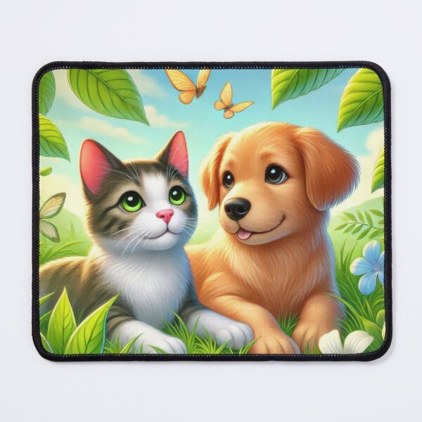 Item preview, Cartoon cat and dog lying in a grassy field together designed and sold by MagicMaker1984.