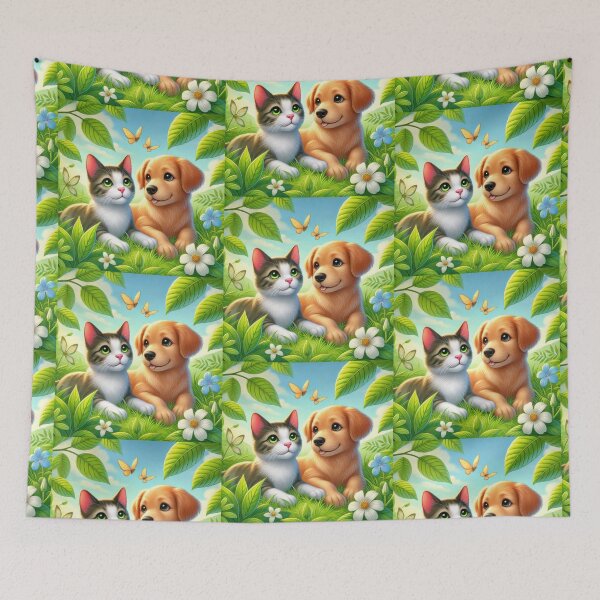 Item preview, Cartoon cat and dog lying in a grassy field together  designed and sold by MagicMaker1984.