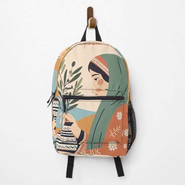 Item preview, arab girl holds a vase of an olive tree in watercolor print designed and sold by Slice Of Seed.