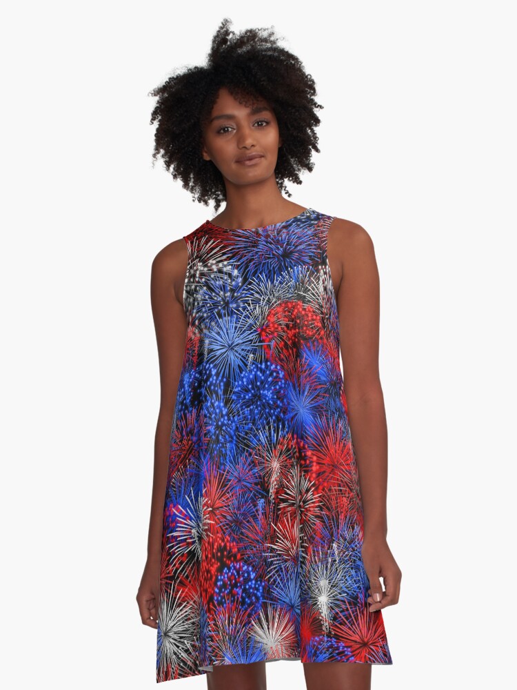 Thumbnail 1 of 4, A-Line Dress, Red blue white firework designed and sold by dima-v.