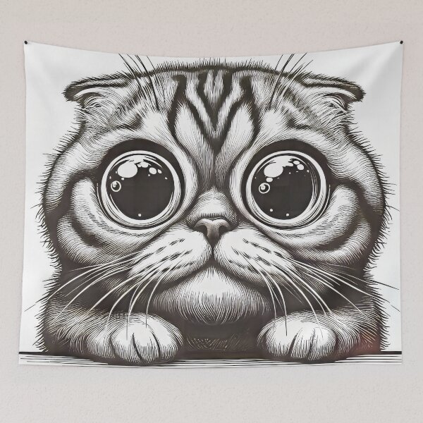 Item preview, Scottish Fold Cat Cartoon Close Up Black and White Drawing designed and sold by CattyCornerPOD.