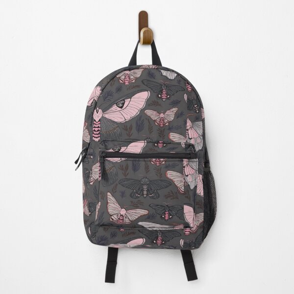 Item preview, Pink and Black Moth Pattern with Floral Leaves on Dark Background – Nature-Inspired Illustration  designed and sold by Negative Vibes Only.