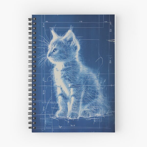 Item preview, Detailed kitten art with blueprint-inspired elements designed and sold by Piotrek0001.