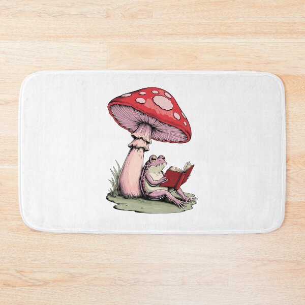 Item preview, Pink frog reading under a mushroom, nice cottagecore aesthetic designed and sold by coloursforkids.