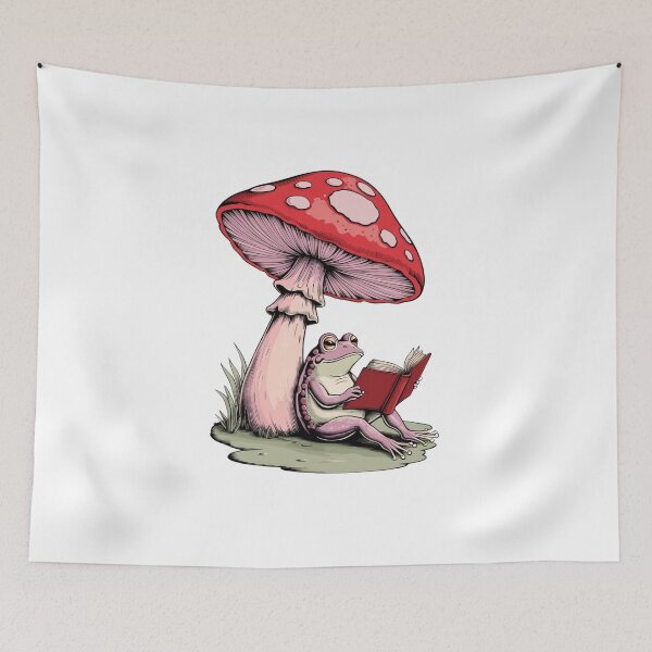 Item preview, Pink frog reading under a mushroom, nice cottagecore aesthetic designed and sold by coloursforkids.