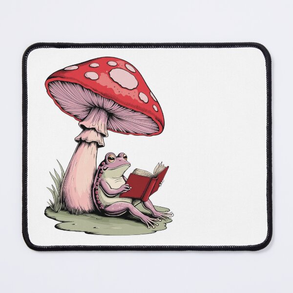Item preview, Pink frog reading under a mushroom, nice cottagecore aesthetic designed and sold by coloursforkids.