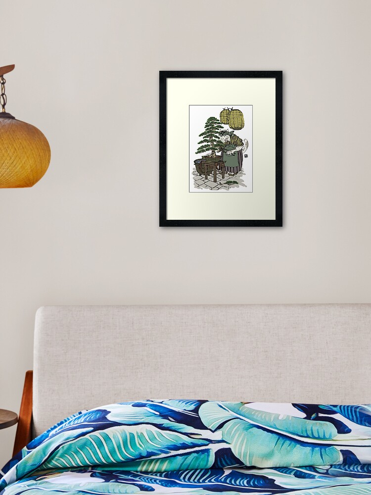 Thumbnail 1 of 7, Framed Art Print, Cat Person Working on Bonsai designed and sold by Stacymuse.