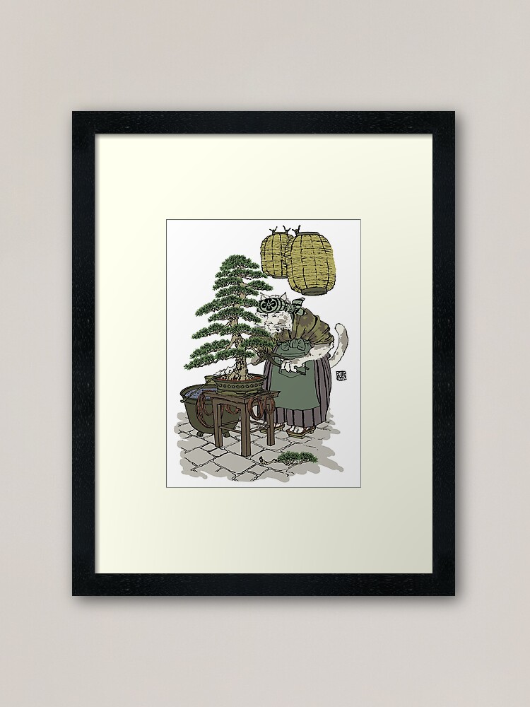 Thumbnail 2 of 7, Framed Art Print, Cat Person Working on Bonsai designed and sold by Stacymuse.