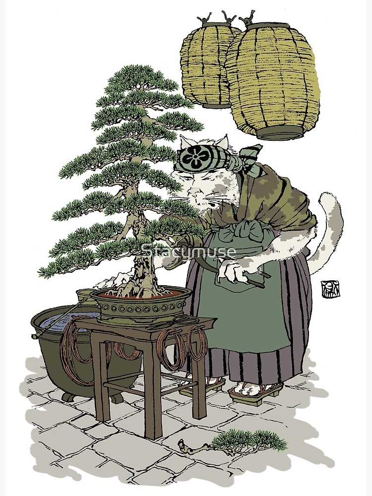 Thumbnail 7 of 7, Framed Art Print, Cat Person Working on Bonsai designed and sold by Stacymuse.