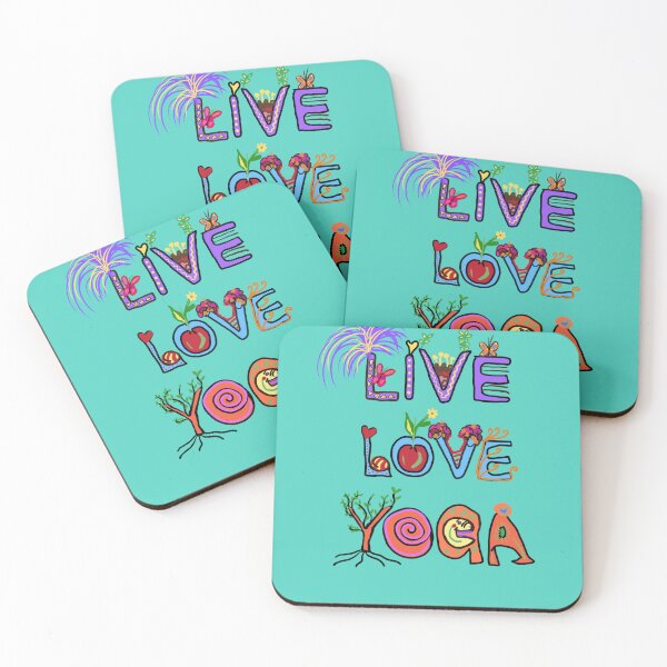 Item preview, LIVE LOVE YOGA with butterfly and trees and plants and love. Aqua background designed and sold by MonicaArtist.