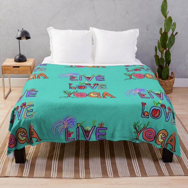 Item preview, LIVE LOVE YOGA with butterfly and trees and plants and love. Aqua background designed and sold by MonicaArtist.