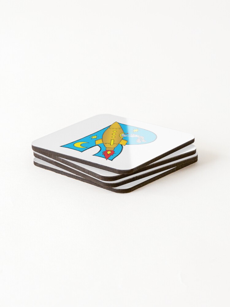 Thumbnail 4 of 5, Coasters (Set of 4), Letter R Rabbit in a Rocket designed and sold by alphatoons.