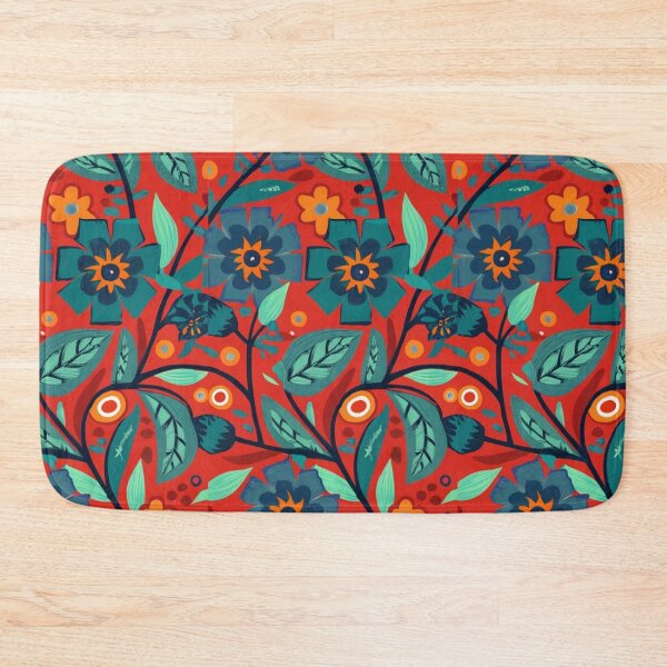 Item preview, Bold Red Backdrop Highlights Lush Dark Blue Flowers, and Deep Green Leaves designed and sold by Ed & Harmony.